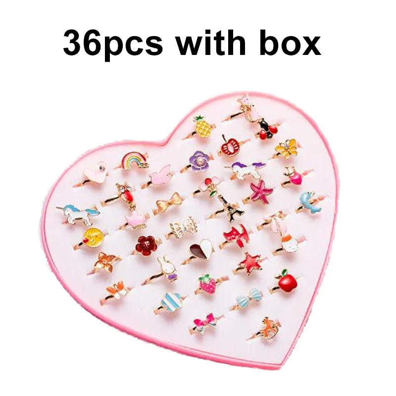 10/20/36 pcs Cute Adjustable Rings Children Girls Pretend Play Makeup Toys Cartoon Crystal Jewelry Alloy Animal Enamel Ring