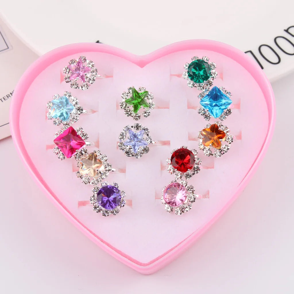 10/20/36 pcs Cute Adjustable Rings Children Girls Pretend Play Makeup Toys Cartoon Crystal Jewelry Alloy Animal Enamel Ring