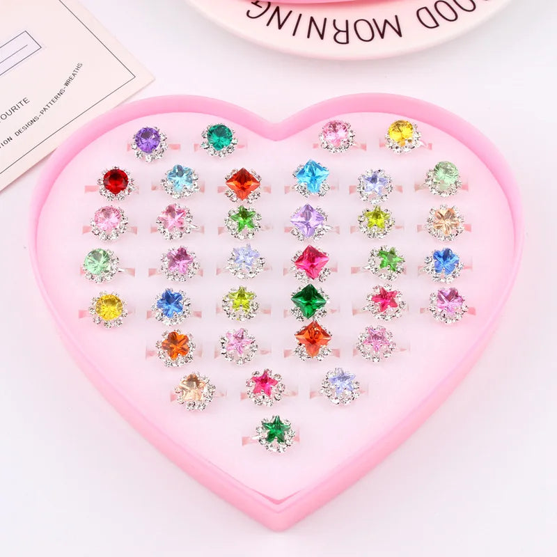 10/20/36 pcs Cute Adjustable Rings Children Girls Pretend Play Makeup Toys Cartoon Crystal Jewelry Alloy Animal Enamel Ring