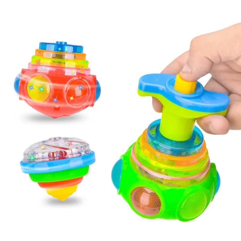 UFO Flashing Spinning Top Kids Gyro Light Up Toy Kids Piggy LED Music Gyroscope Launcher Rotating Toys Fun Birthday Party Favors