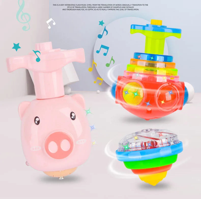 UFO Flashing Spinning Top Kids Gyro Light Up Toy Kids Piggy LED Music Gyroscope Launcher Rotating Toys Fun Birthday Party Favors