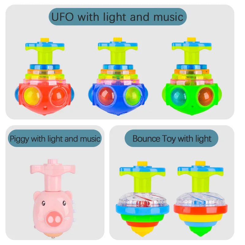 UFO Flashing Spinning Top Kids Gyro Light Up Toy Kids Piggy LED Music Gyroscope Launcher Rotating Toys Fun Birthday Party Favors