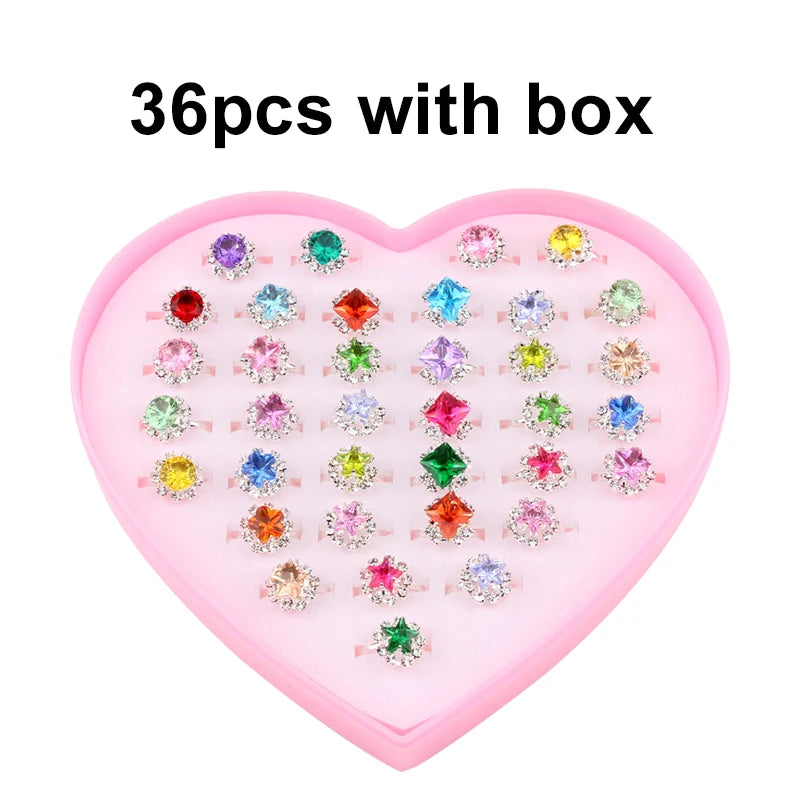 10/20/36 pcs Cute Adjustable Rings Children Girls Pretend Play Makeup Toys Cartoon Crystal Jewelry Alloy Animal Enamel Ring